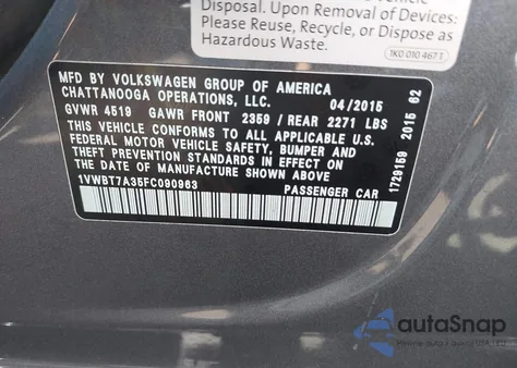 2015 Volkswagen Passat 1.8T Se from USA, damaged, VIN 1VWBT7A35FC090963
